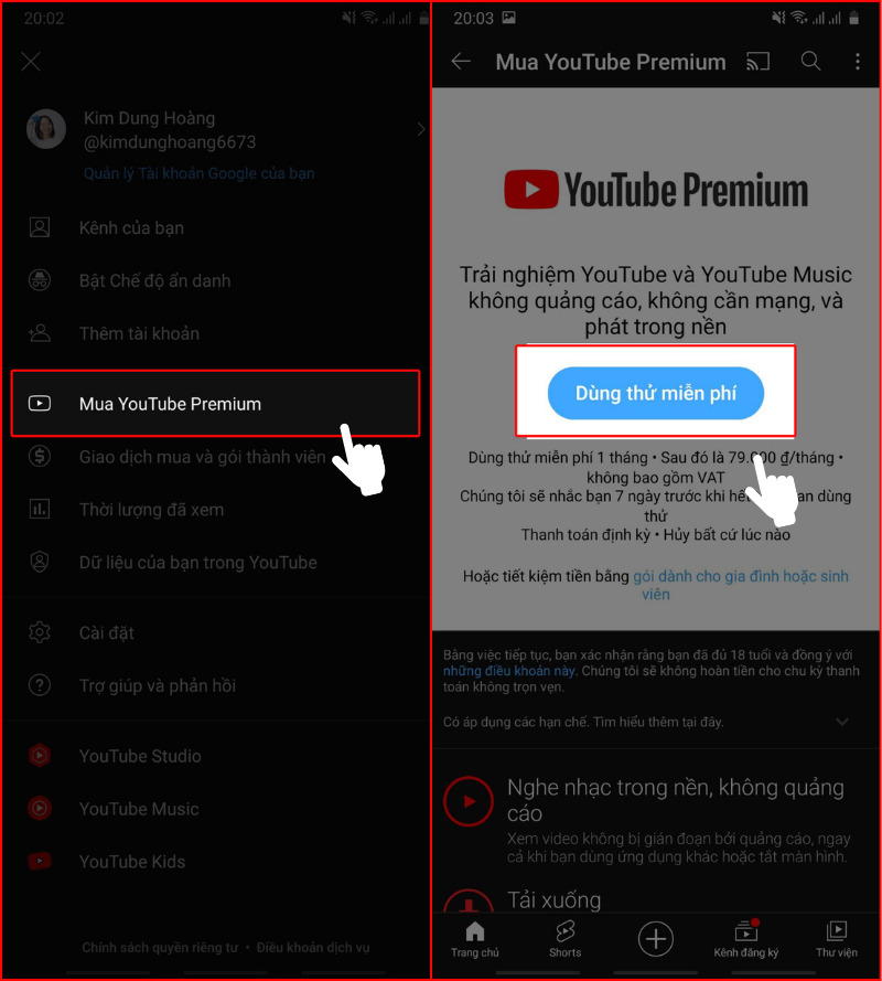 chọn mục mua youtube premium